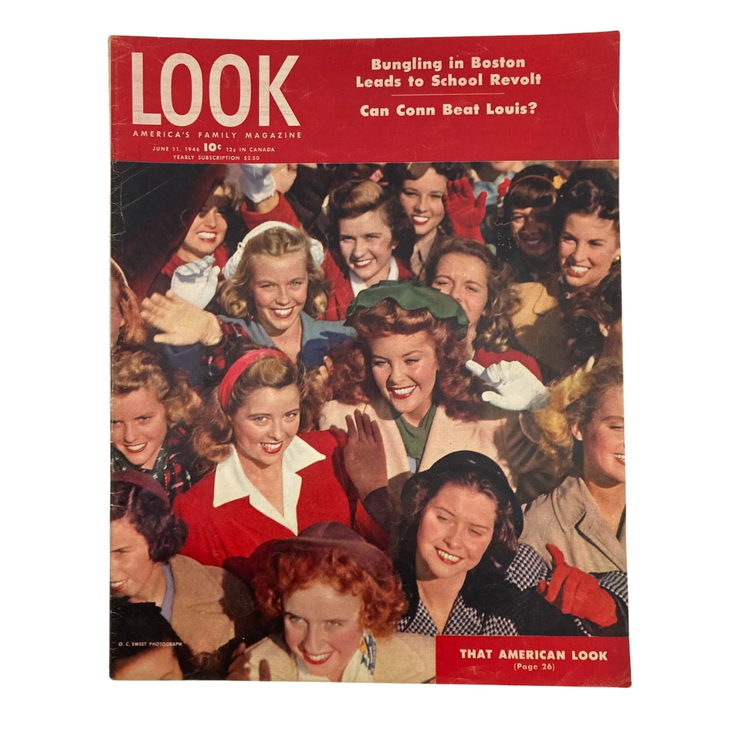 Cover of Look Magazine from June 11, 1946, featuring the article 'Bungling in Boston Leads to School Revolt'. The vibrant image shows a crowd of smiling women, embodying the cheerful and engaging spirit of the post-war era.