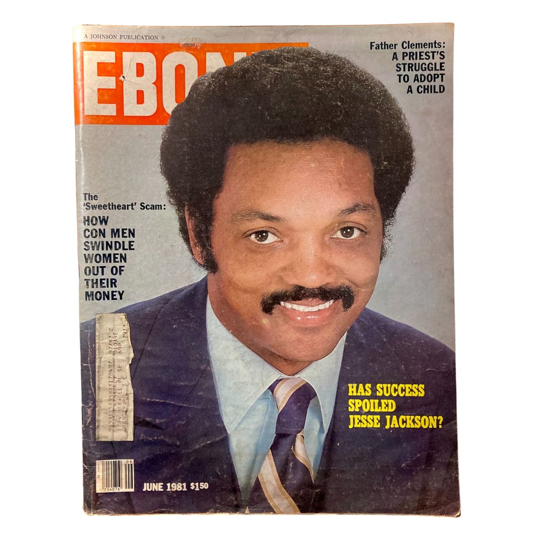 VTG Ebony Magazine June 1981 cover featuring Jesse Jackson, highlighting the article 'Has Success Spoiled Jesse Jackson?' and showcasing the magazine's vintage design.