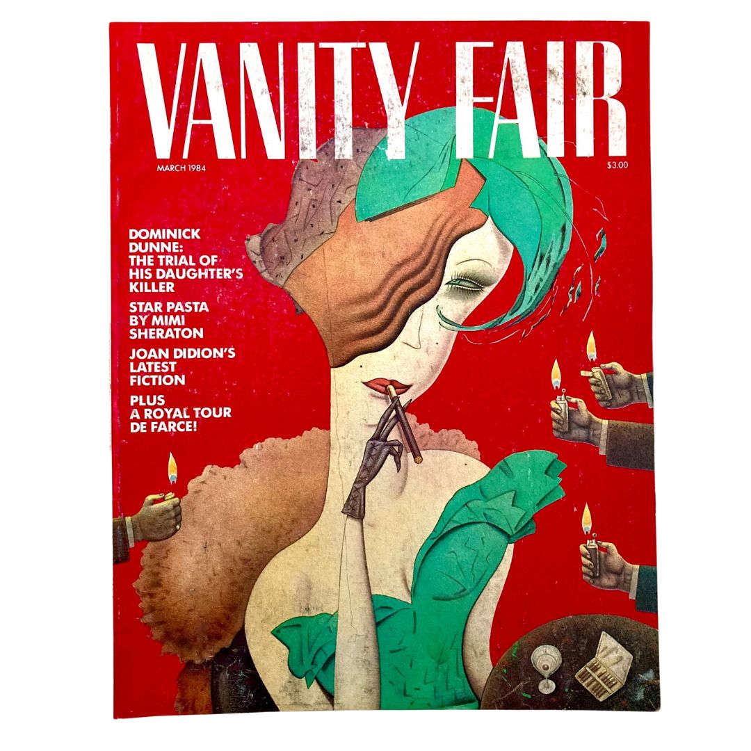 Cover of Vintage Vanity Fair Magazine March 1984 showcasing artwork and the title 'Vanity Fair'. Features content highlights including Dominick Dunne and Joan Didion.