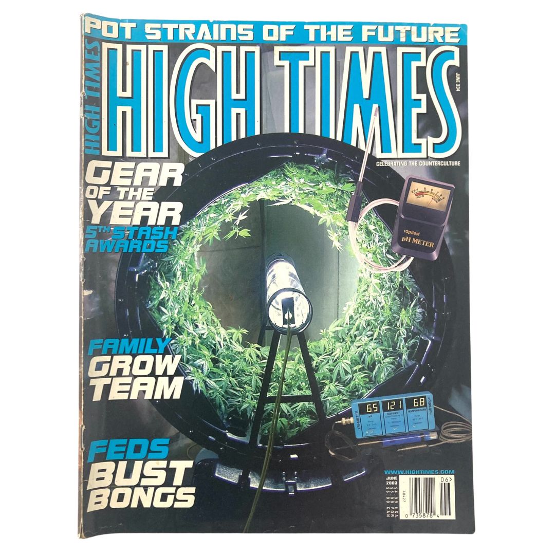 High Times Magazine June 2003 #334 featuring a vibrant cover design with a photo of 'The Omega Garden' and pH meters, showcasing cannabis cultivation themes.