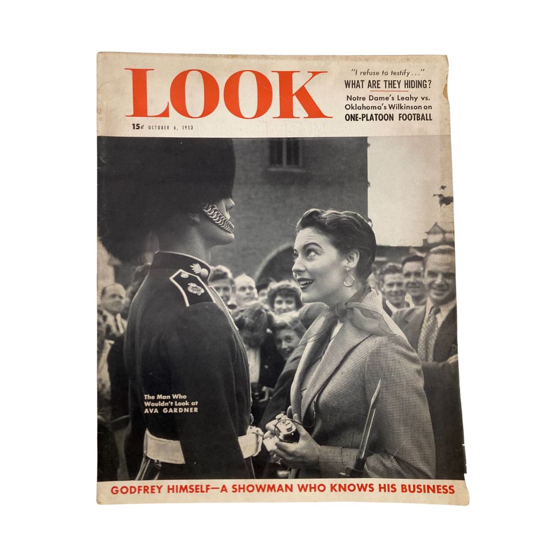 VTG Look Magazine October 6 1953 featuring Ava Gardner on the cover, showcasing a captivating scene with a soldier and a crowd, iconic vintage media.