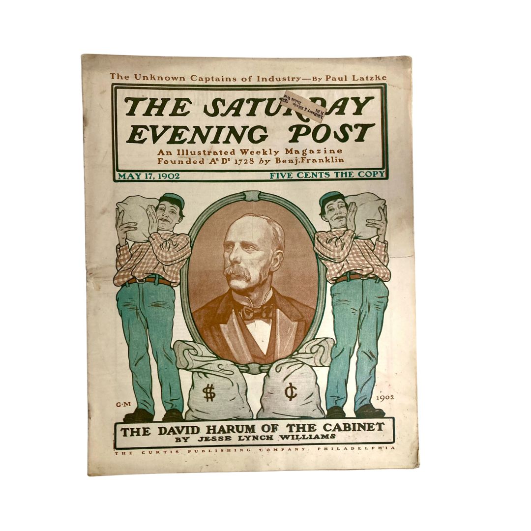 Cover of the Saturday Evening Post Magazine, May 17, 1902, featuring the article 'The David Harum of The Cabinet' with an illustration of a distinguished man and dollar signs.