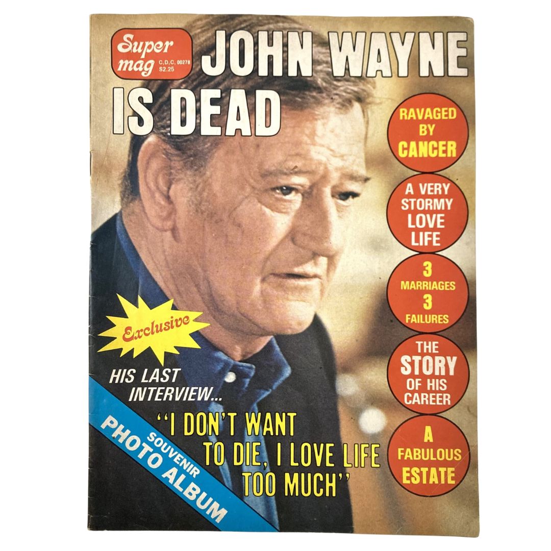VTG Super Mag Magazine 1979 John Wayne Souvenir Photo Album cover featuring John Wayne's somber expression with the headline 'JOHN WAYNE IS DEAD'.