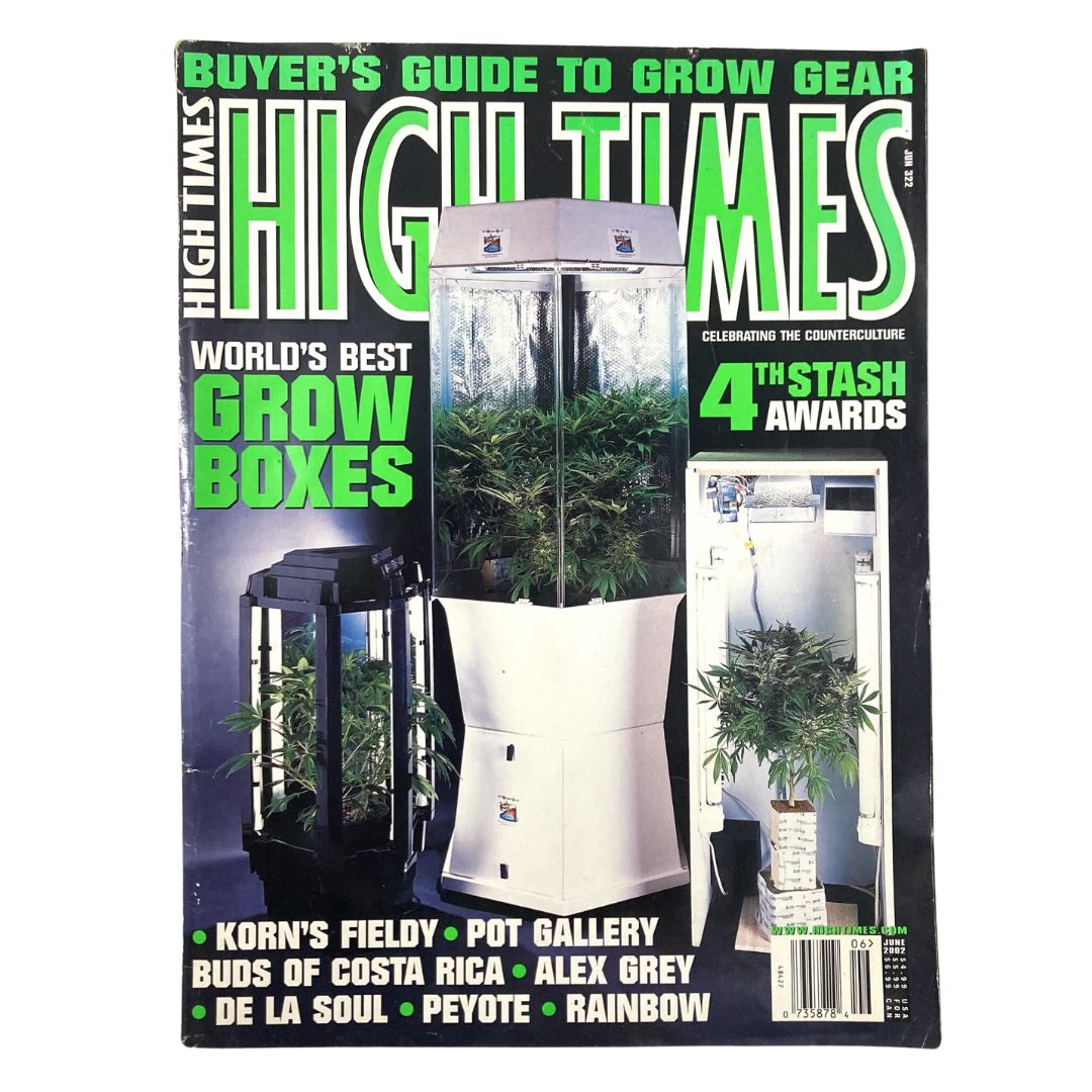 Cover of High Times Magazine June 2002 #322 featuring the headline 'Buyer's Guide To Grow Gear' with a focus on the 'World's Best Grow Boxes' and imagery of indoor growing setups.