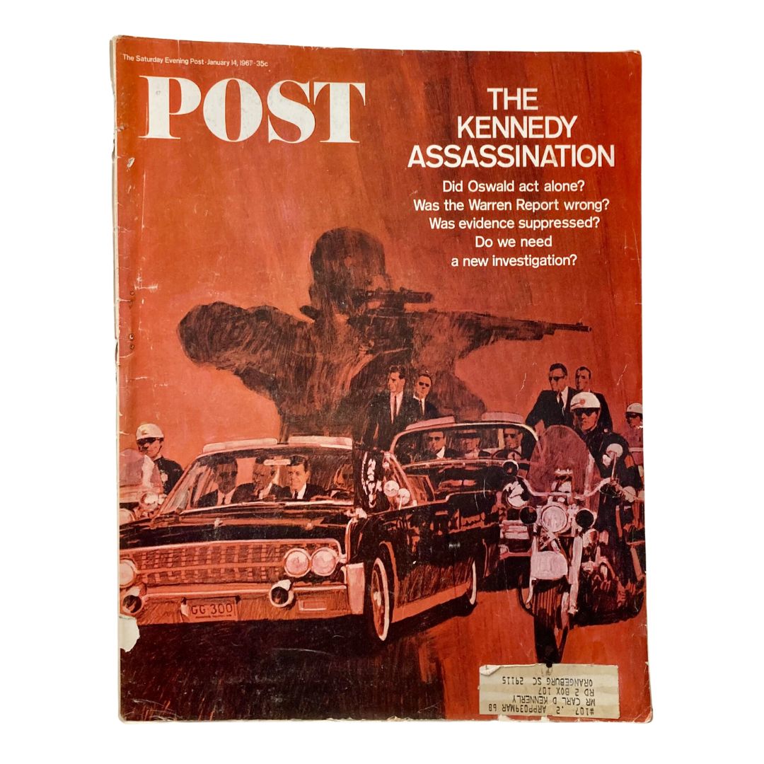 Cover of Saturday Evening Post Magazine January 14, 1967 featuring an illustration related to the Kennedy assassination, including headlines and imagery capturing the era's significant event.