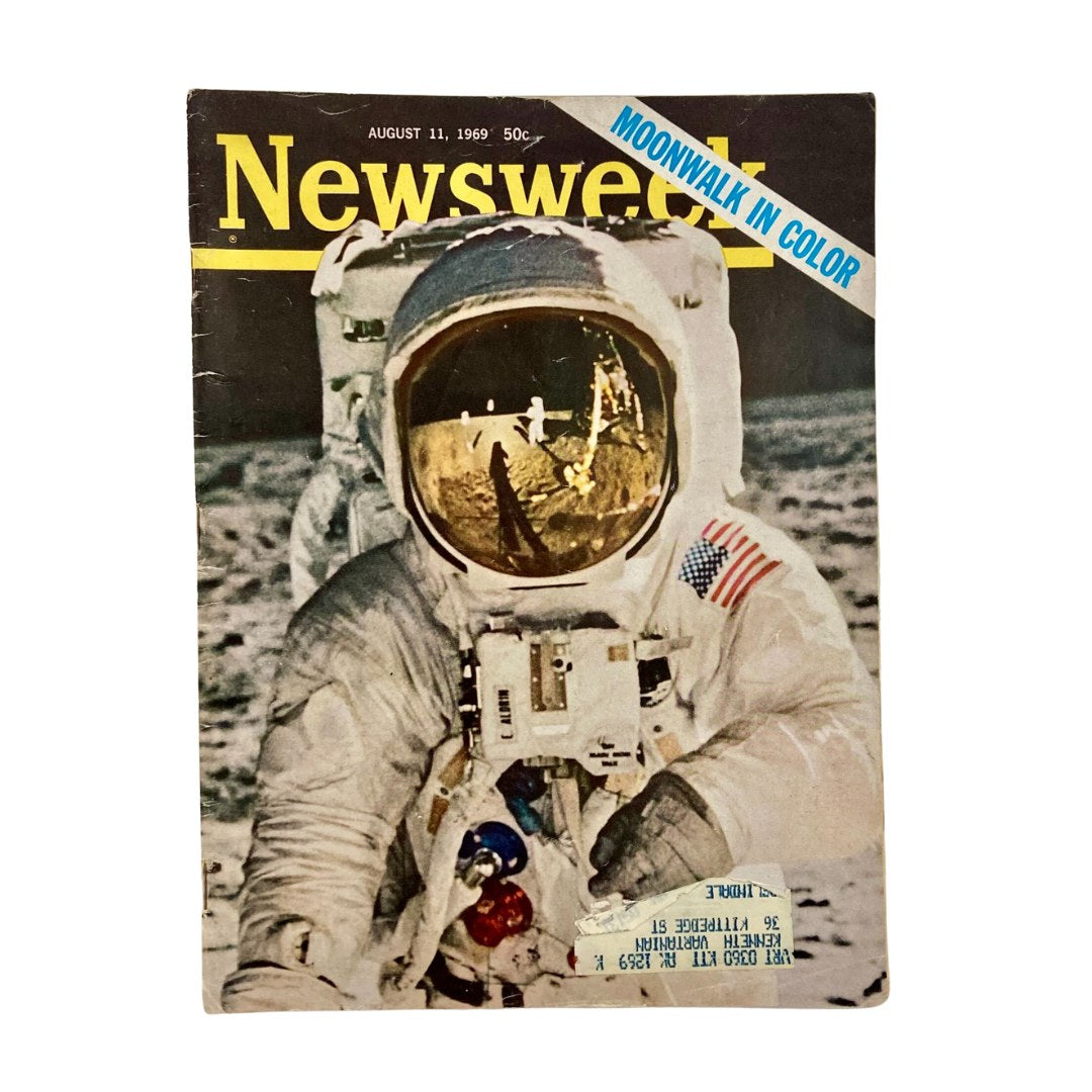 Cover of VTG Newsweek Magazine from August 11, 1969 featuring the historic moonwalk in color, showcasing an astronaut on the lunar surface.