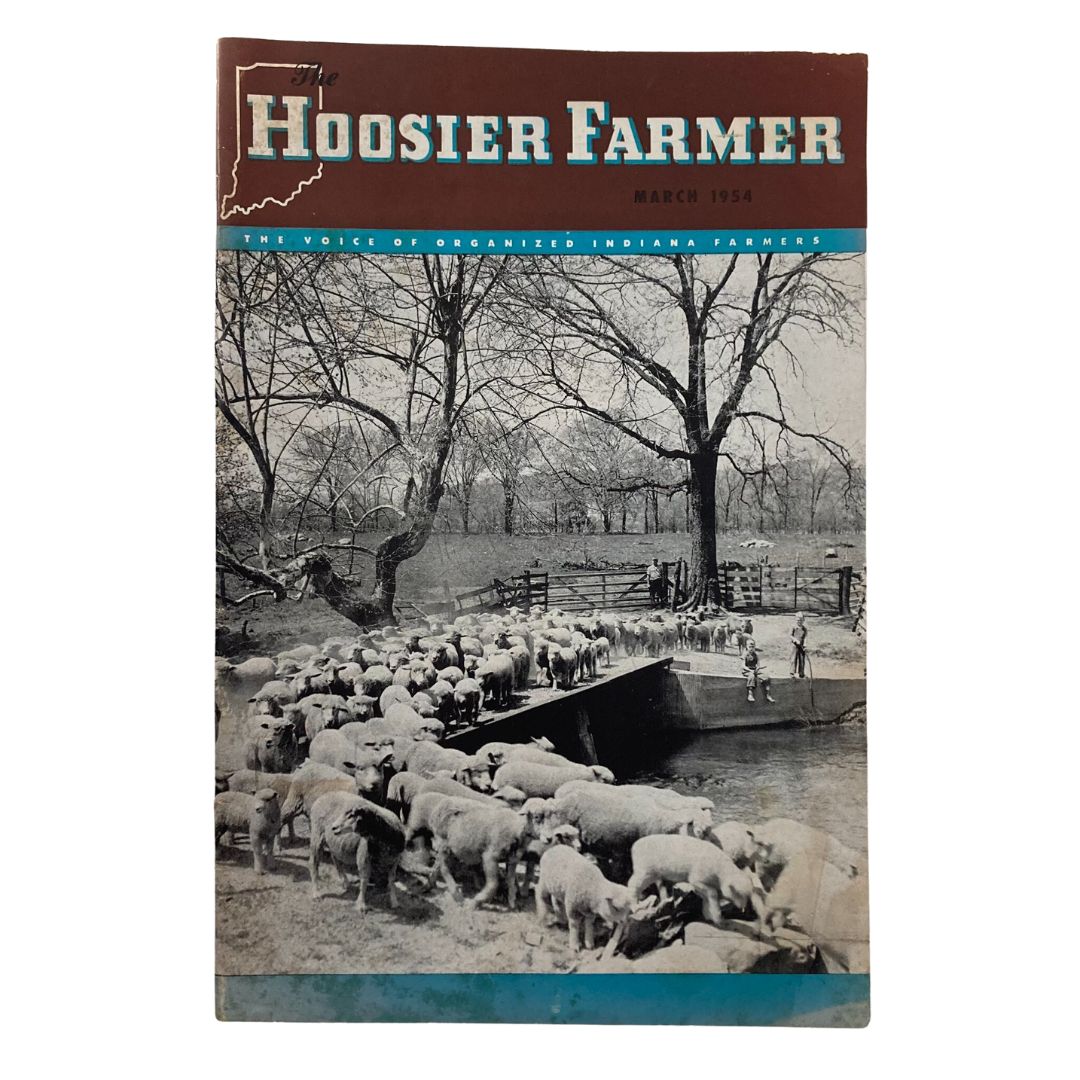 Vintage cover of The Hoosier Farmer Magazine from March 1954 featuring a flock of sheep in a green pasture, showcasing rural Indiana farming life.