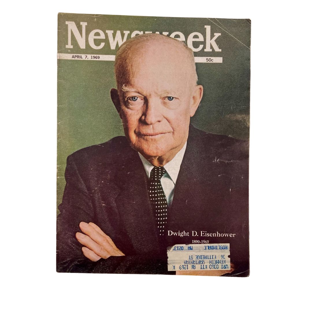 VTG Newsweek Magazine April 7 1969 featuring a portrait of Dwight D. Eisenhower, commemorating his life and legacy as the 34th President of the United States.