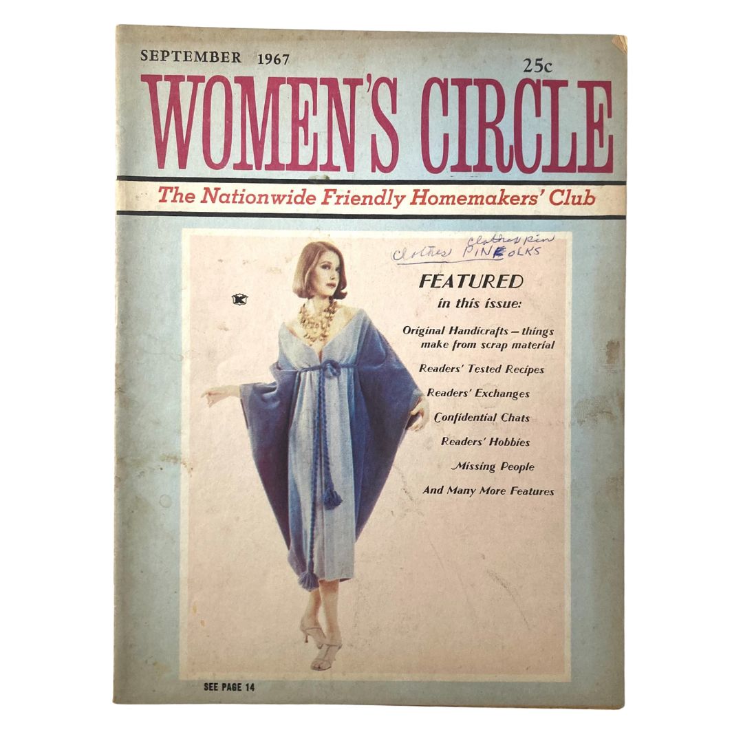 Cover of VTG Women's Circle Magazine September 1967 featuring a model in a blue dress accessorized with jewelry, showcasing the charm of vintage homemaking.