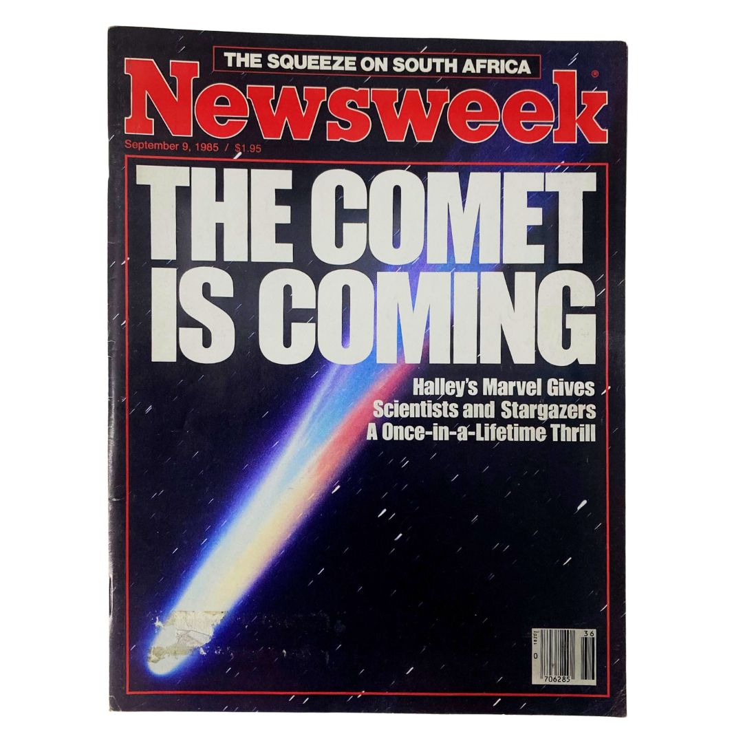 Cover of the September 9, 1985 Newsweek magazine, titled 'The Comet is Coming: Halley's Marvel,' displaying a vibrant image of Halley's Comet against a dark background, highlighting the excitement surrounding its return.