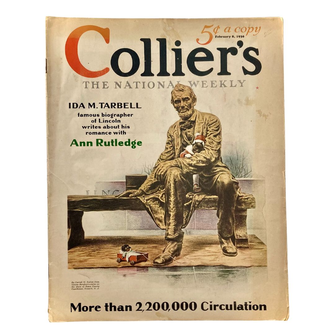 Cover of VTG Collier's Magazine February 8 1930 featuring Ida M. Tarbell and a statue of Abraham Lincoln with the title highlighting their connection to Ann Rutledge.