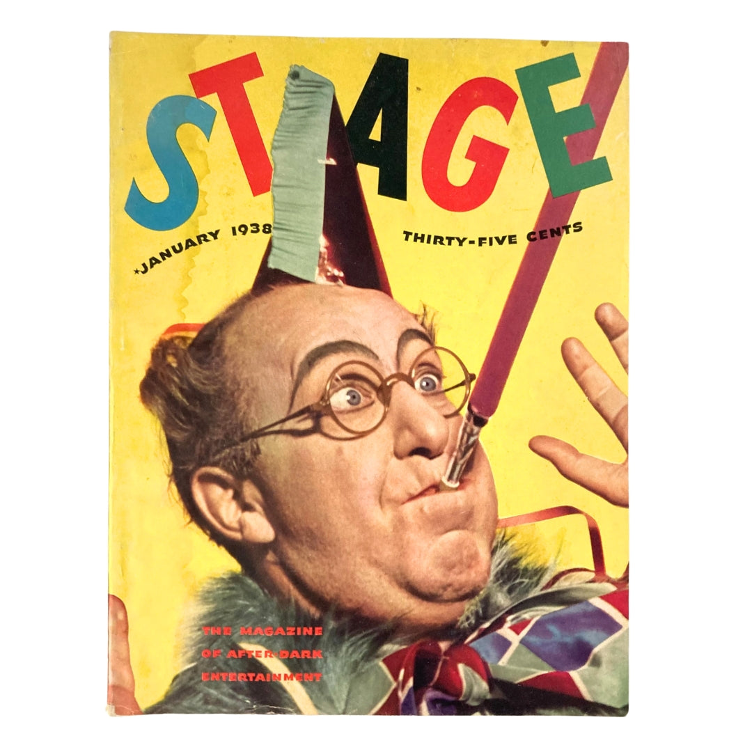 Cover of VTG Stage Magazine January 1938 featuring a humorous character with glasses, wearing a party hat and blowing a party horn.
