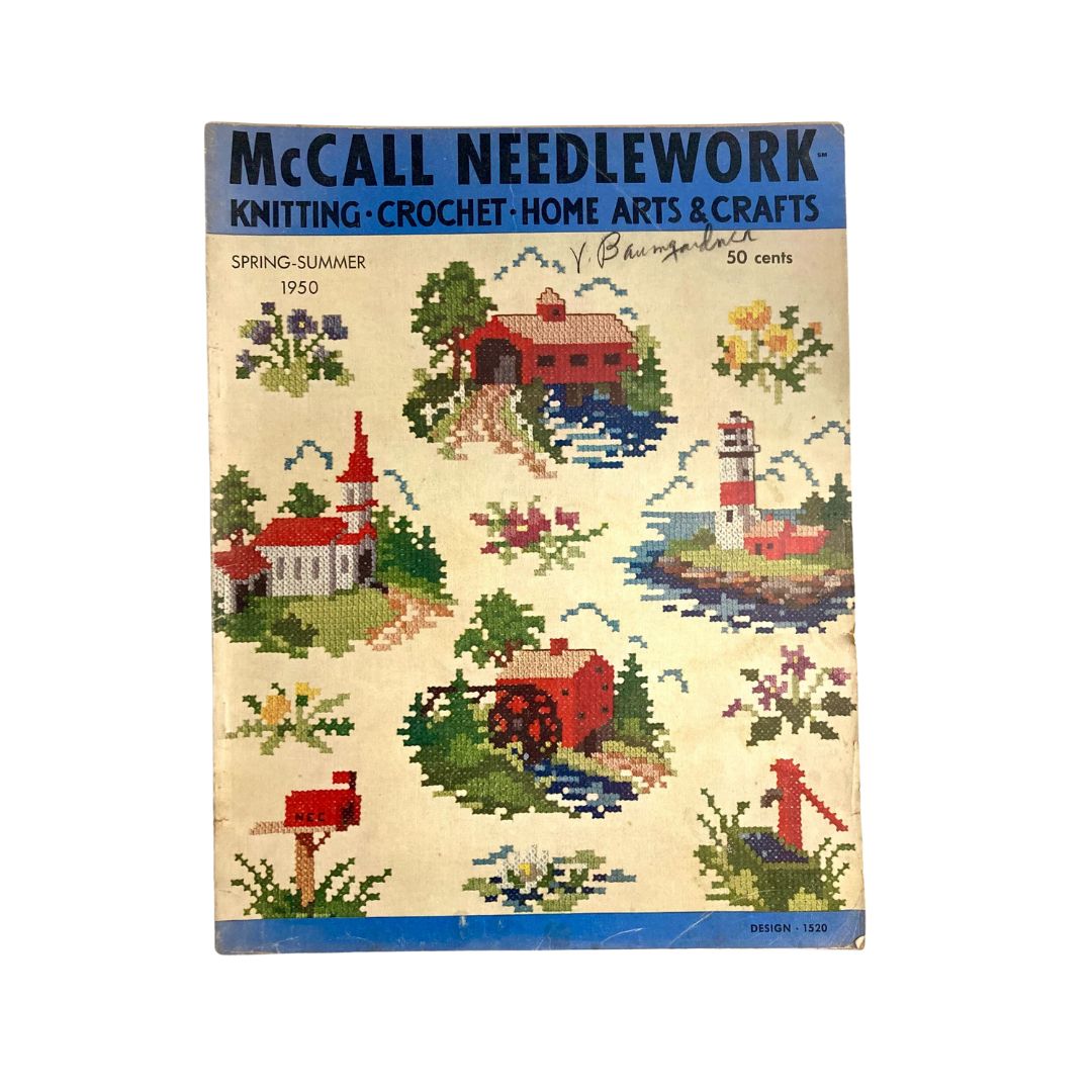Cover of McCall Needlework Magazine Spring Summer 1950 displaying vibrant knitting and crochet patterns, featuring scenic illustrations of landscapes and floral designs.