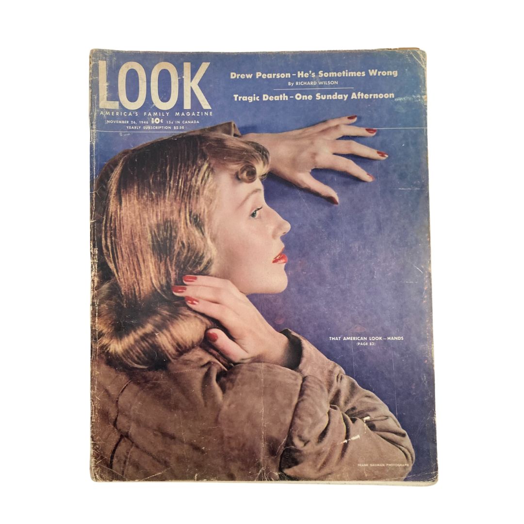 Cover of VTG Look Magazine November 26 1946 featuring a vintage photograph of a woman with styled hair and red nails against a blue background.