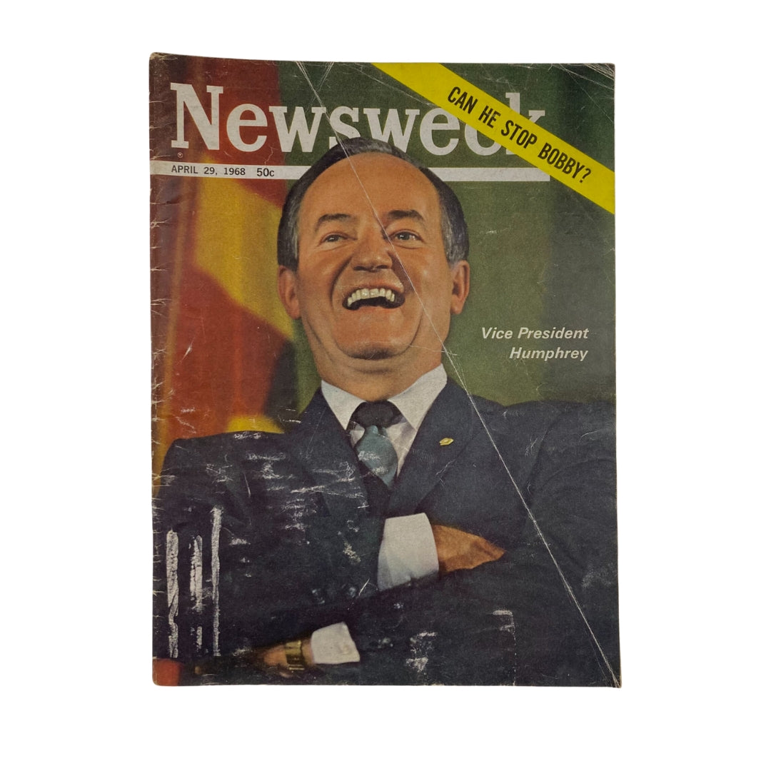 Cover of VTG Newsweek Magazine April 29 1968 featuring Vice President Hubert Humphrey, smiling with a colorful background and headline asking 'Can He Stop Bobby?'