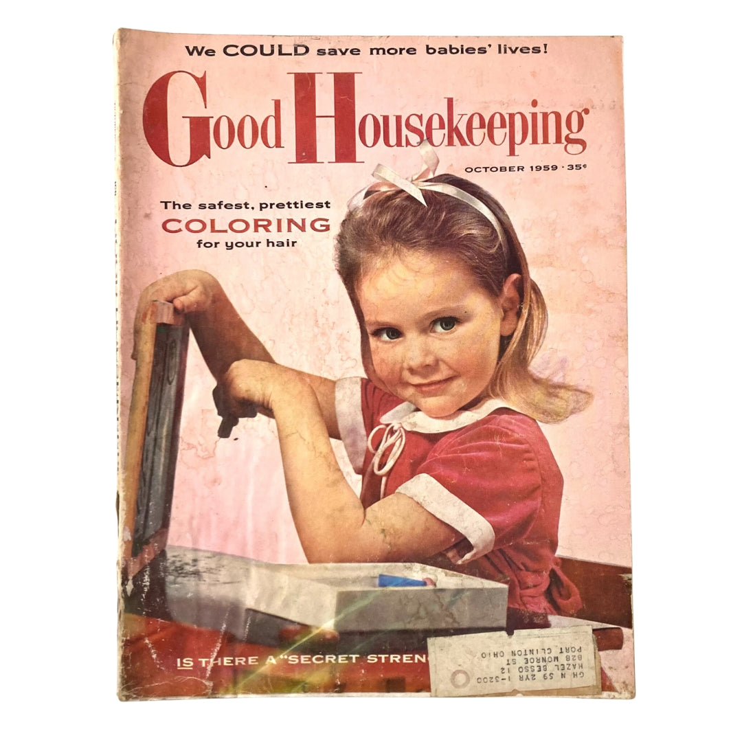 Cover of VTG Good Housekeeping Magazine October 1959 featuring a young girl with a playful expression, showcasing the magazine's title and theme, 'The Secret Strength of Women'.