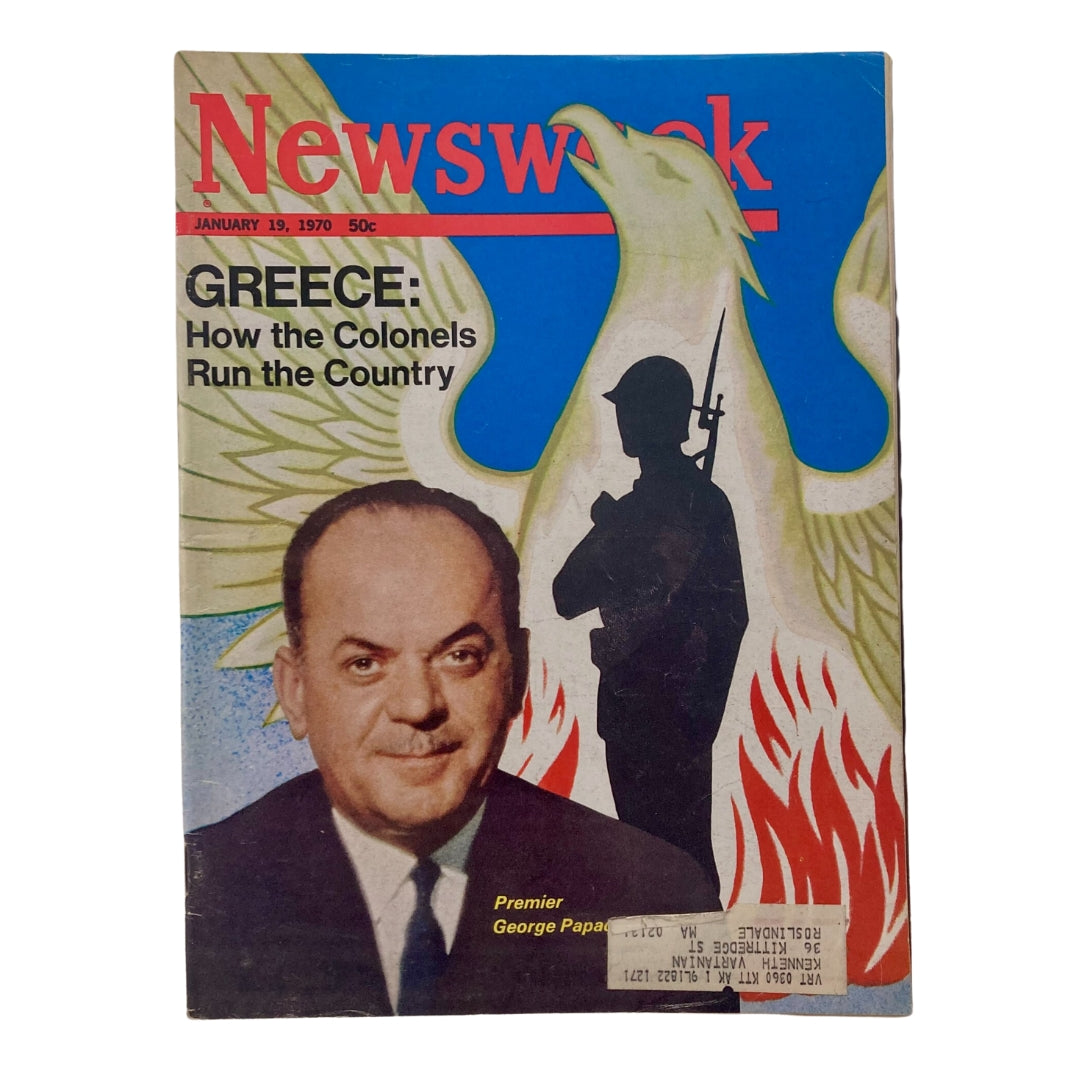 VTG Newsweek Magazine January 19 1970 cover featuring Premier George Papadopoulos with a striking illustration about Greece and the Colonels' rule.