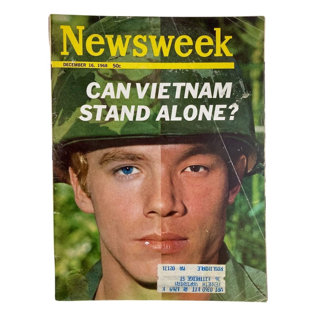 VTG Newsweek Magazine December 16, 1968 displaying the cover with the headline 'Can Vietnam Stand Alone?' featuring a split image of a soldier's face, showcasing unique eye colors against a backdrop of military camouflage.