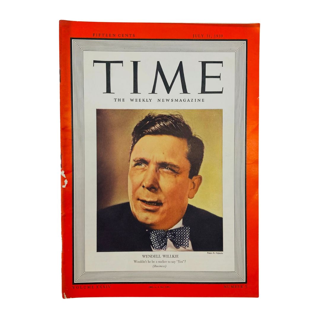 Vintage Time Magazine cover from July 31, 1939, featuring Republican lawyer Wendell Wilkie, highlighting his impact on American politics during the 1940 election.