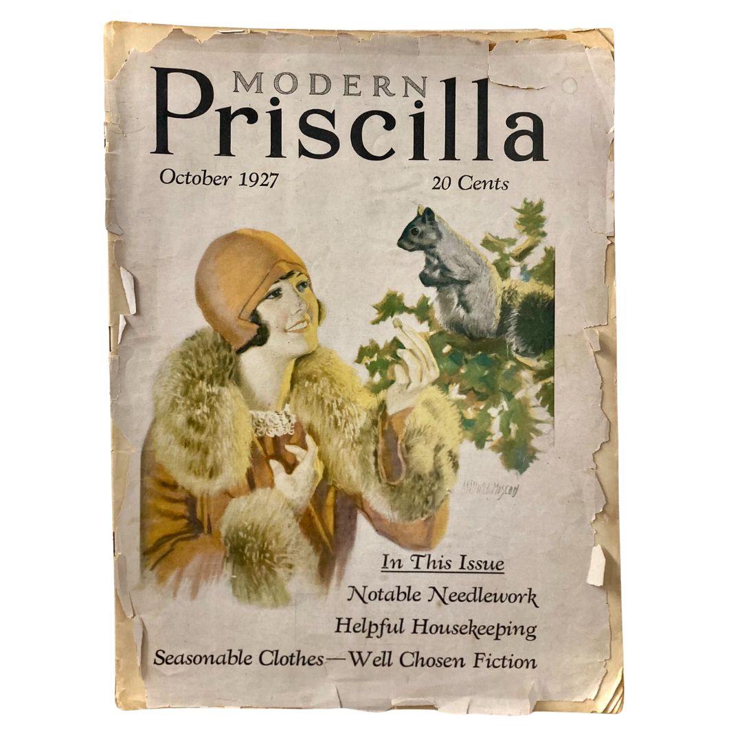VTG Modern Priscilla Magazine from October 1927 featuring a vintage cover illustration, with the title prominently displayed, showcasing seasonal clothes, notable needlework, and helpful housekeeping.