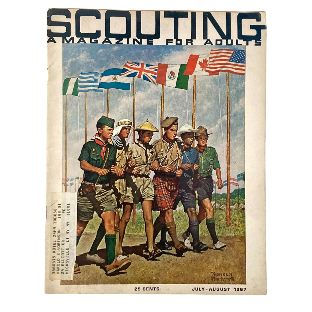 VTG Scouting A Magazine for Adults July 1967 cover featuring a Norman Rockwell illustration of diverse scouts marching with flags from various countries.