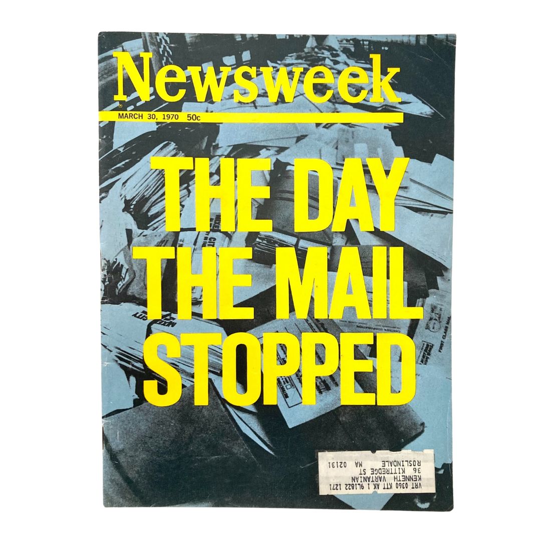 Cover of VTG Newsweek Magazine dated March 30, 1970, featuring the title 'THE DAY THE MAIL STOPPED' with an image of piles of mail in disarray.
