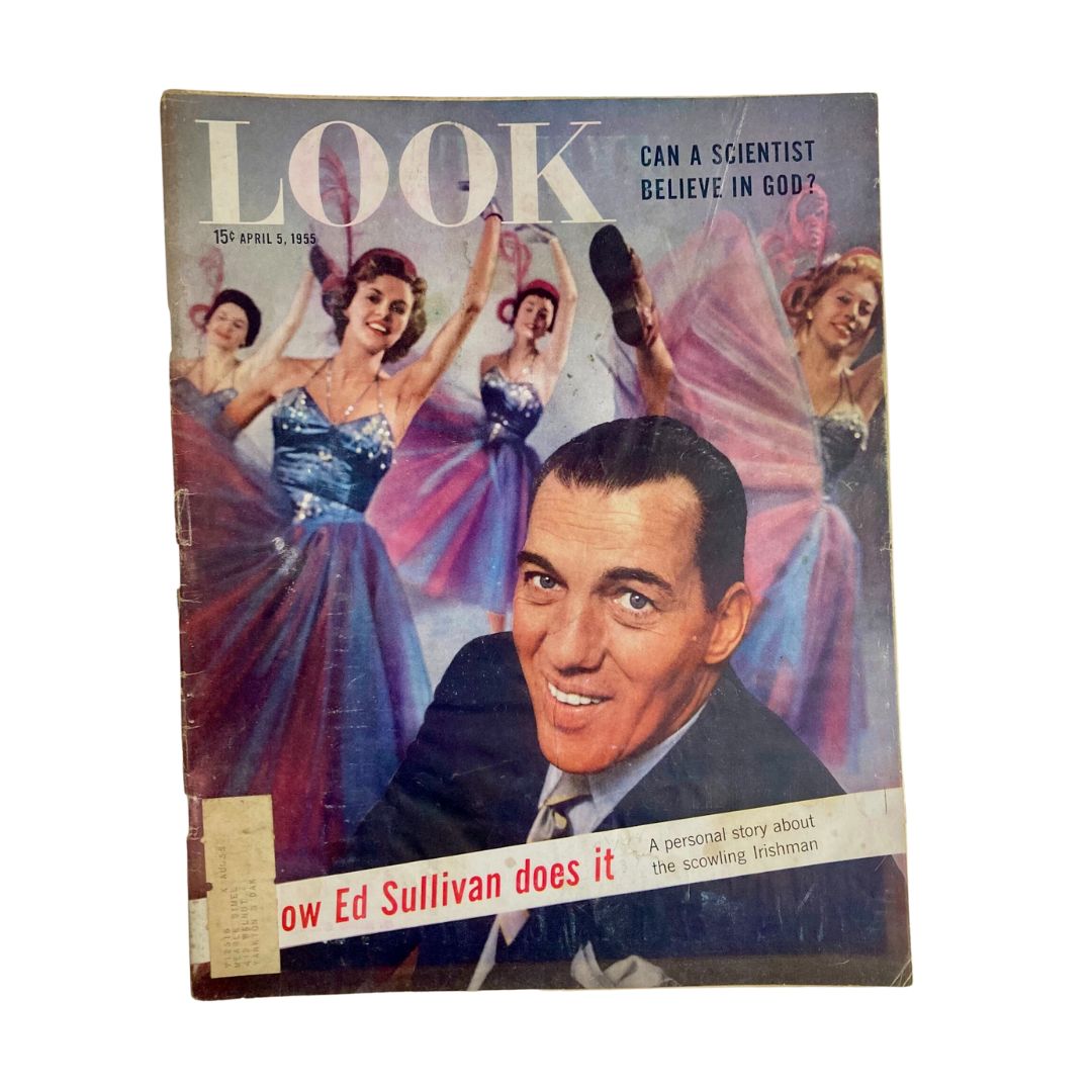 Cover of Look Magazine, April 5, 1955, featuring Ed Sullivan in a personal story, with vibrant dancers in the background. This vintage magazine is a collectible piece of television history.