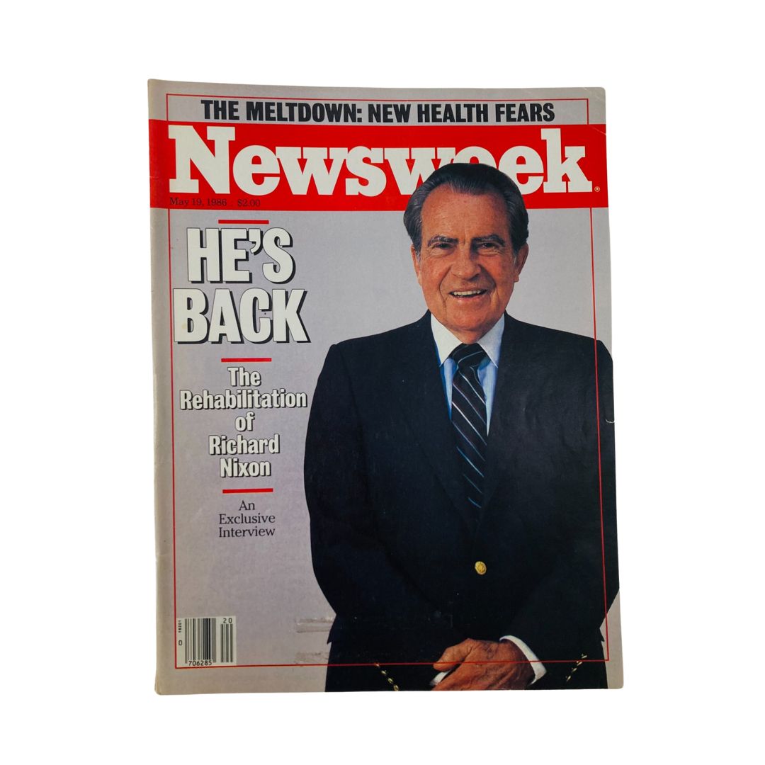 VTG Newsweek Magazine May 19 1986 cover featuring Richard Nixon with the title 'He’s Back: The Rehabilitation of Richard Nixon' highlighting an exclusive interview.