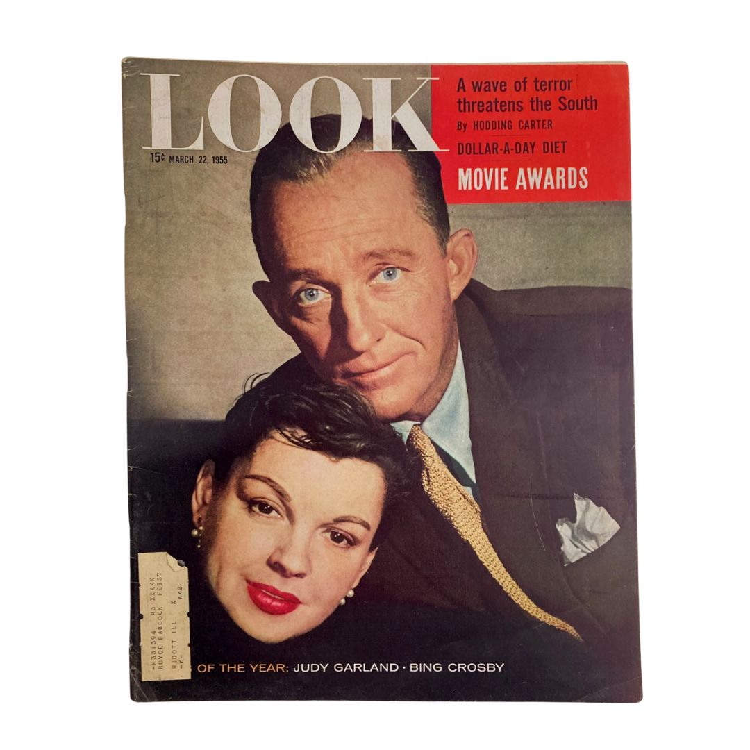 Vintage Look Magazine cover from March 22, 1955, featuring Judy Garland and Bing Crosby, showcasing their iconic presence in entertainment.