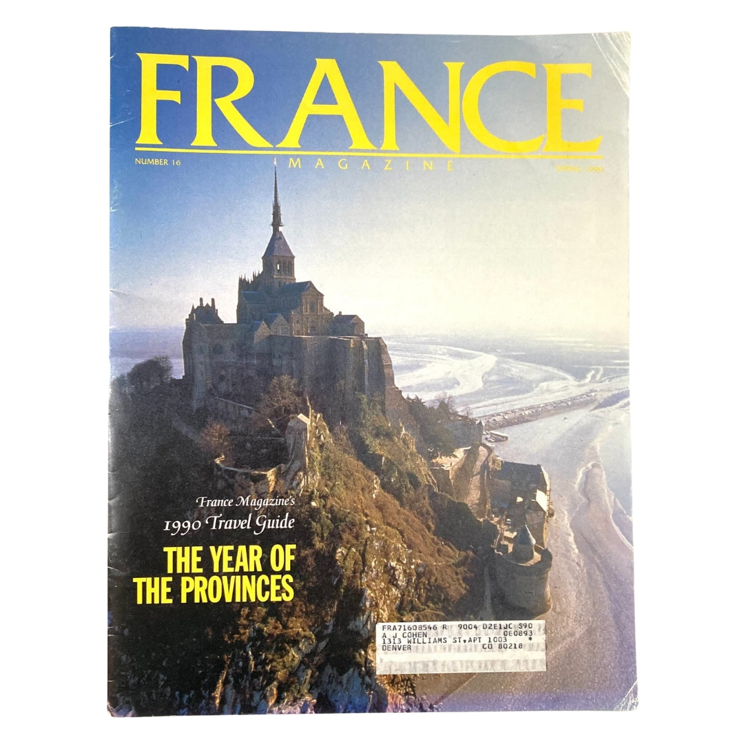 Cover of France Magazine Spring 1990 No. 16 titled 'The Year of The Provinces', featuring a stunning photograph of Mont Saint-Michel, a famous landmark in France, surrounded by coastal scenery.