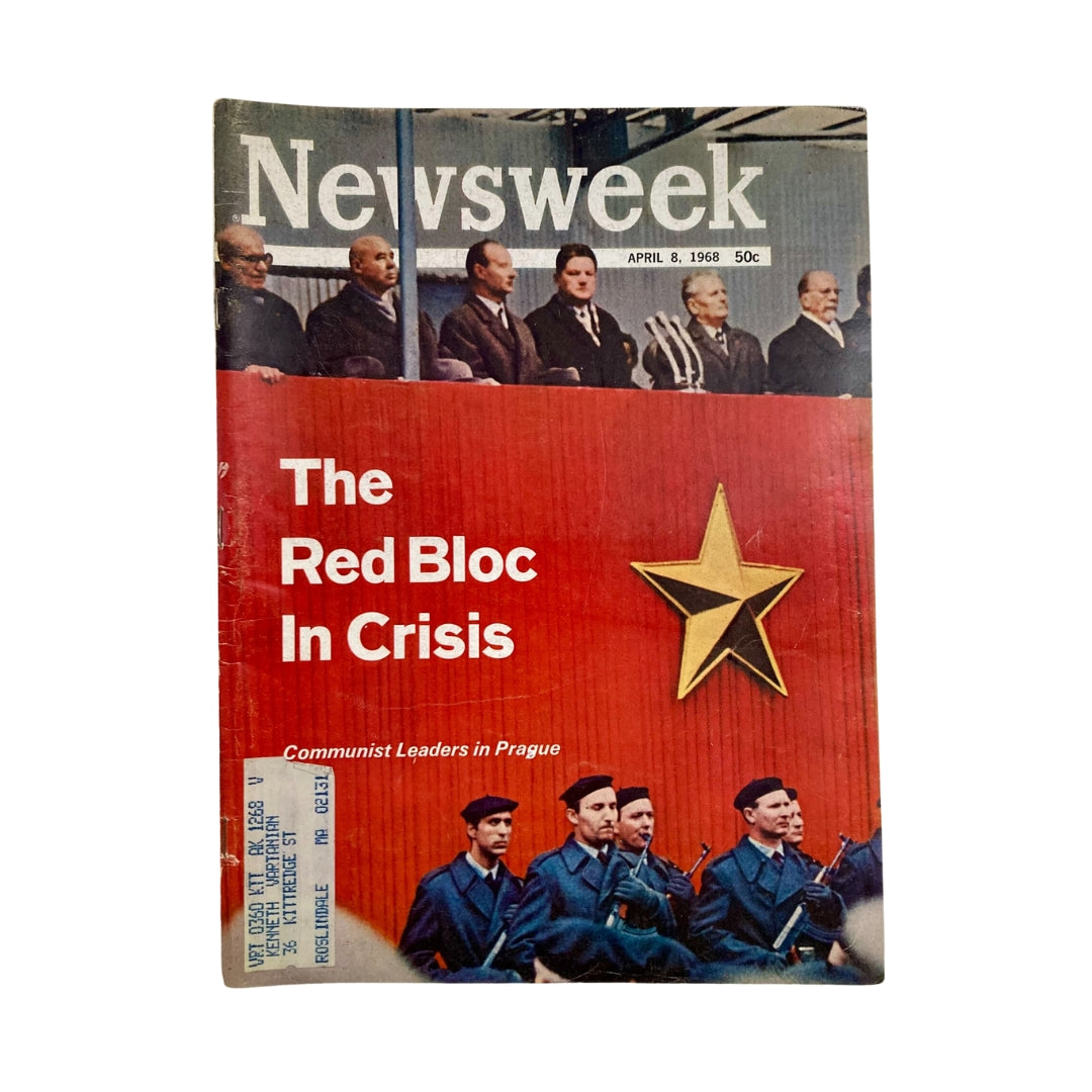 VTG Newsweek Magazine April 8 1968 cover featuring a bold headline 'The Red Bloc In Crisis' with a focus on Communist leaders in Prague, showcasing historical imagery and significant political themes.