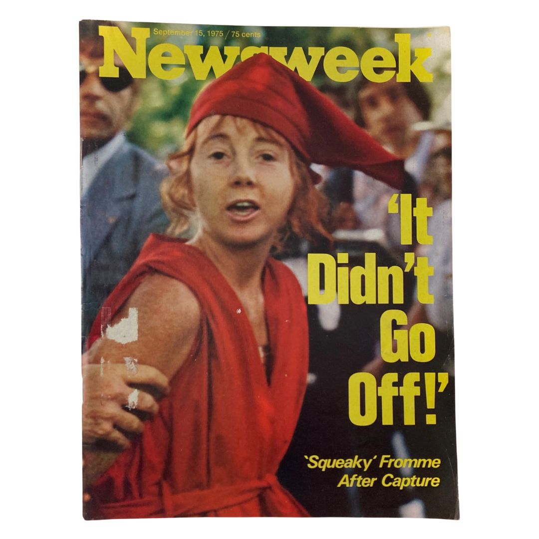 Cover of the VTG Newsweek Magazine from September 15, 1975 featuring 'Squeaky' Fromme after capture, with the headline 'It Didn't Go Off!'