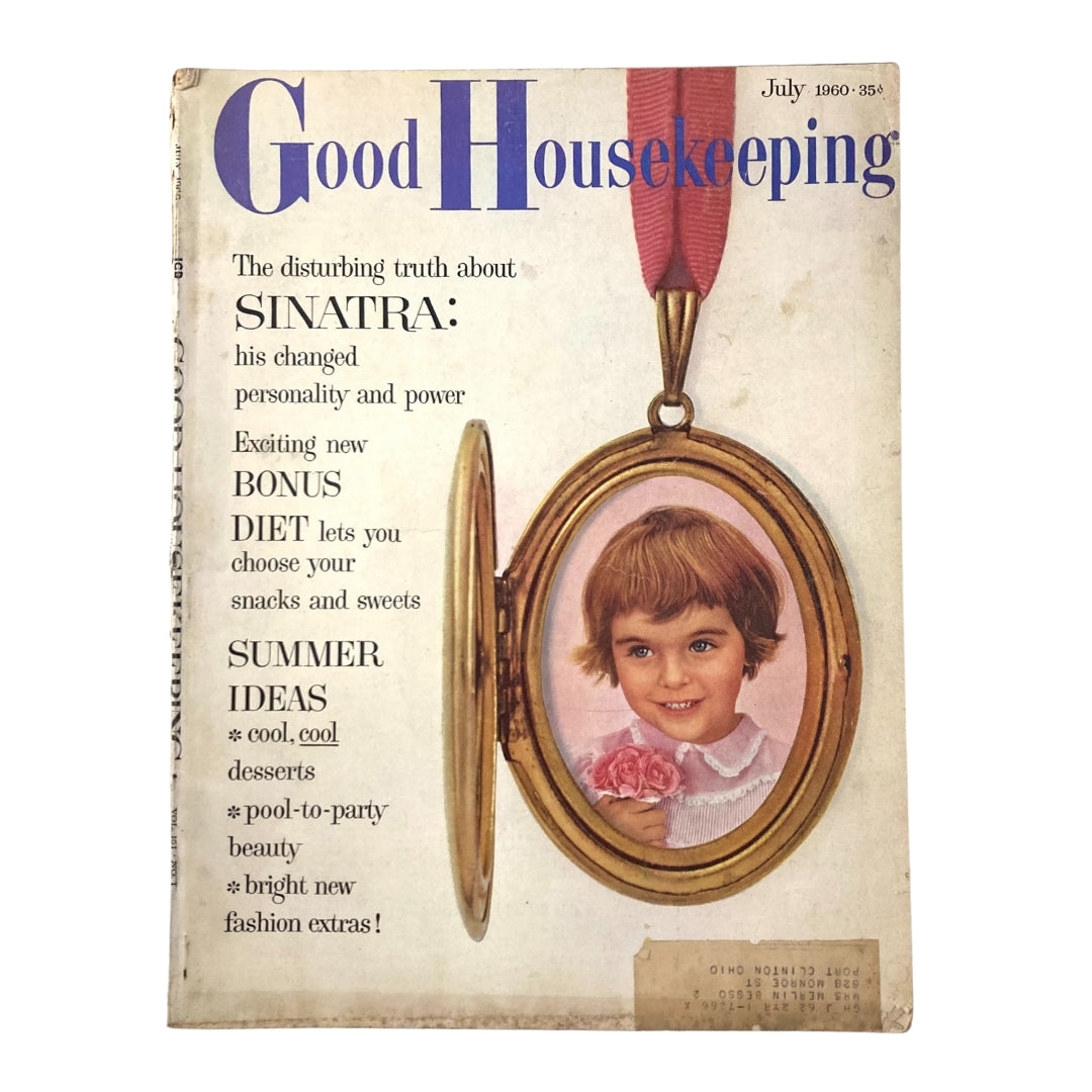 VTG Good Housekeeping Magazine July 1960 featuring a cover story on Frank Sinatra with an image of a girl in an oval locket on the cover.