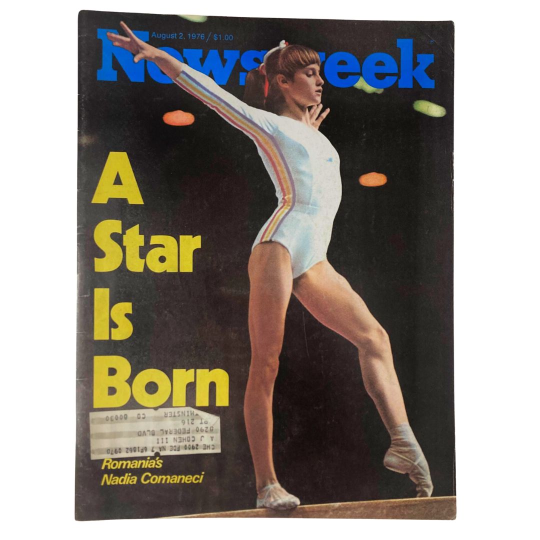 Cover of VTG Newsweek Magazine August 2, 1976 featuring Nadia Comaneci with the title 'A Star Is Born' highlighting her achievements in gymnastics.