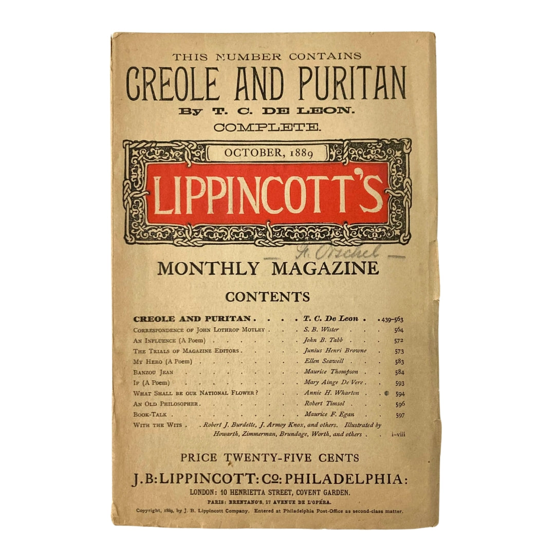 Lippincott's Magazine October 1889 Greole and Puritan No Label
