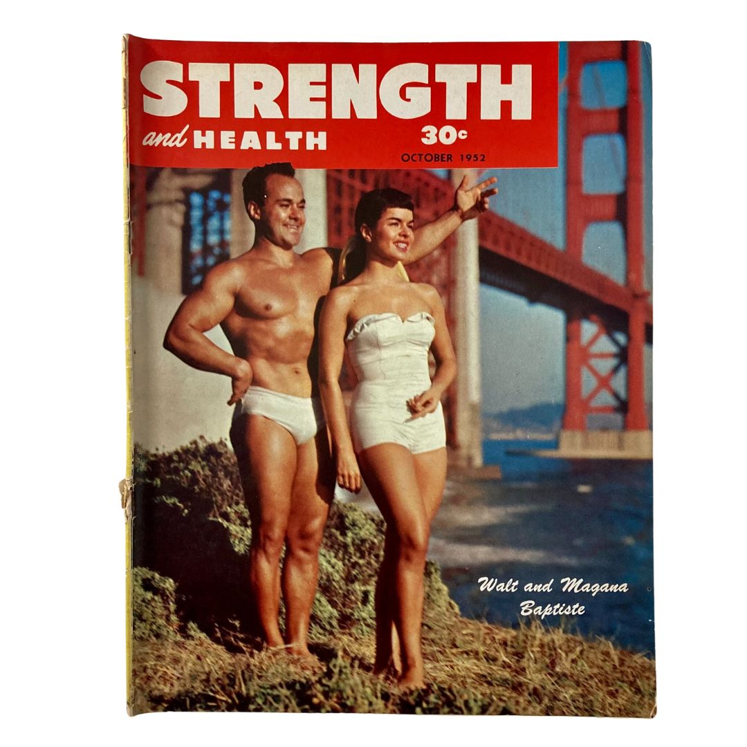 Cover of VTG Strength & Health Magazine from October 1952 featuring Walt and Magana Baptiste, showcasing mid-century bodybuilding culture.