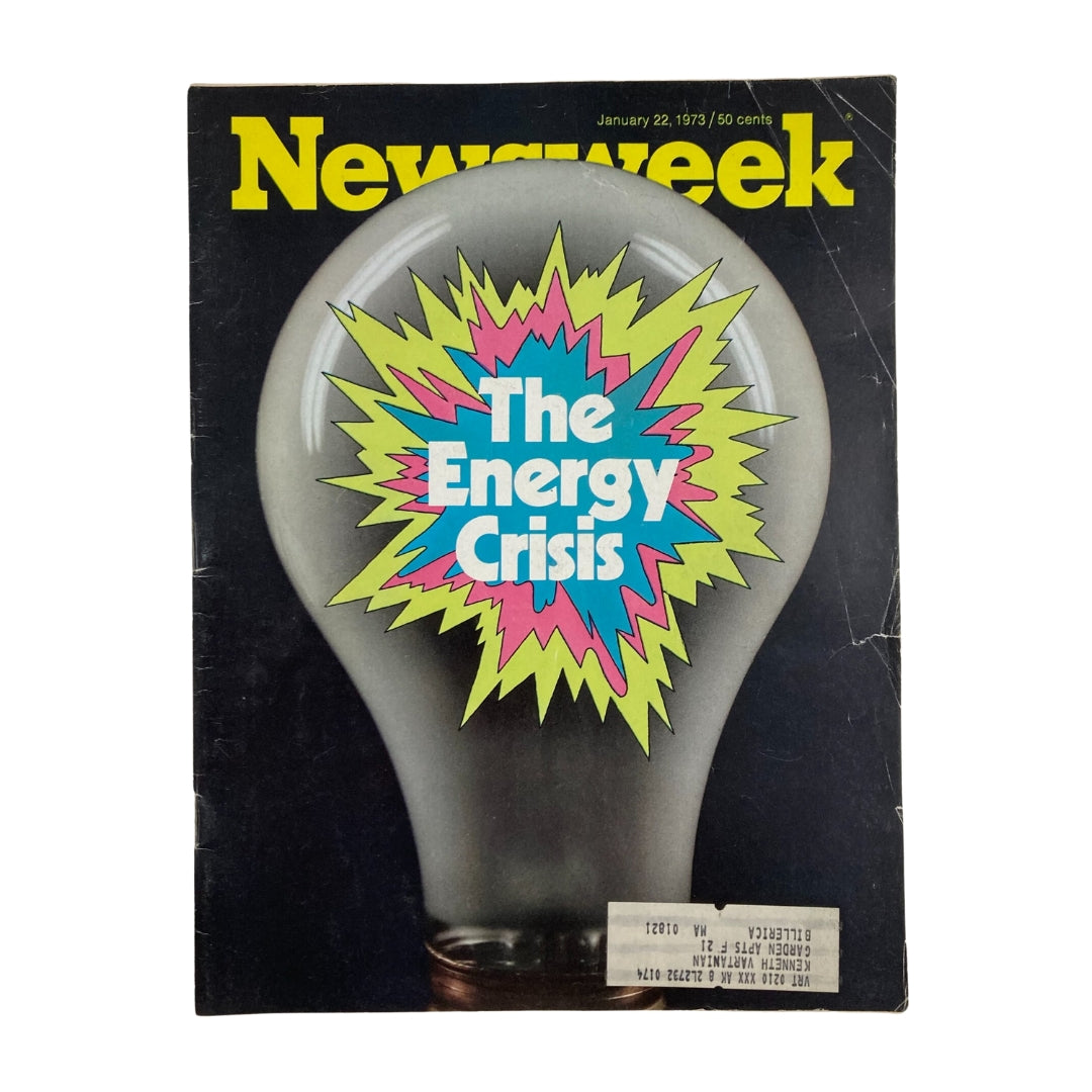 Cover of VTG Newsweek Magazine from January 22, 1973, featuring a colorful graphic titled 'The Energy Crisis' with a light bulb illustration reflecting the urgency of the energy crisis in the United States.