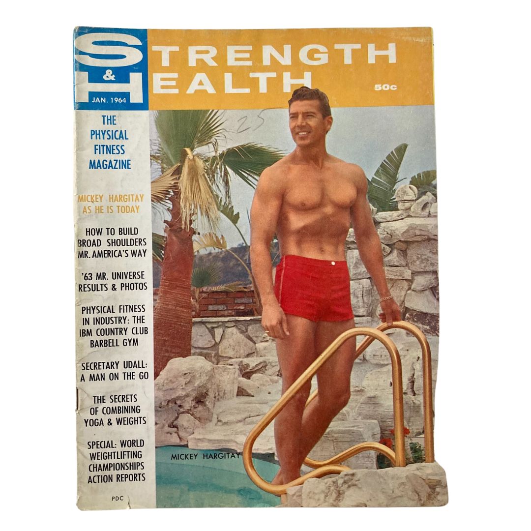 VTG Strength & Health Magazine January 1964 featuring Mickey Hargitay on the cover, showcasing the themes of fitness and bodybuilding from the 1960s.