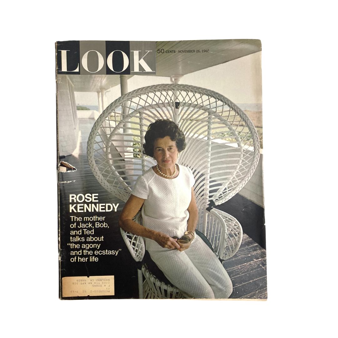 VTG Look Magazine Cover featuring Rose Kennedy, published on November 26, 1968. The cover showcases Rose Kennedy sitting in a distinctive white woven chair, highlighting the theme 'The Agony and Ecstasy of Her Life'.