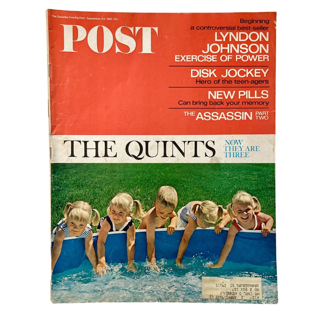 Cover of the Saturday Evening Post Magazine, September 24, 1966, featuring the headline 'The Quints Now They Are Three' with a colorful illustration of the Dionne quintuplets by a pool.