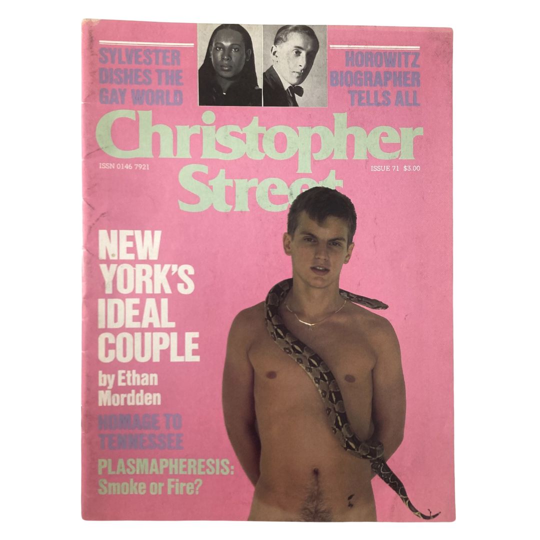 Cover of VTG Christopher Street Magazine December 1982 featuring the article 'The Keys to Horowitz'. The magazine showcases a striking image of a young man with a snake around his neck, along with text highlighting various articles from the issue.