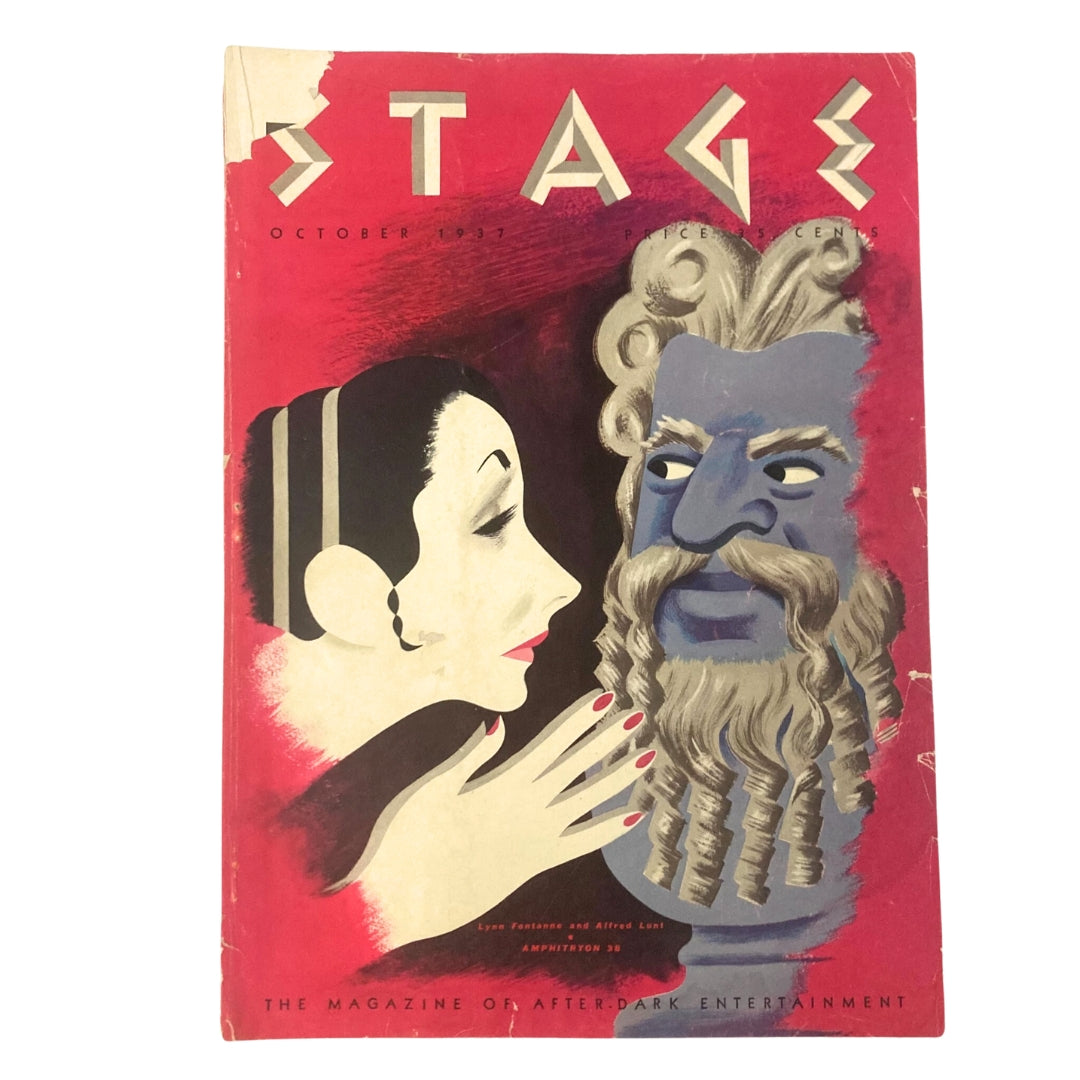 Cover of the VTG Stage Magazine from October 1937 featuring Lynn Fontanne and Alfred Lunt, showcasing artistic illustrations related to theater.