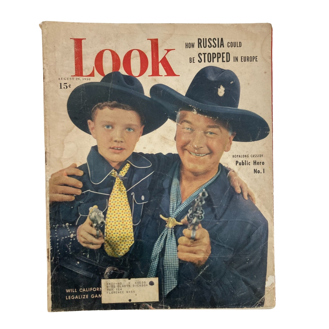 Cover of VTG Look Magazine August 29 1950 featuring Hopalong Cassidy and a boy, celebrating Western culture and American nostalgia.