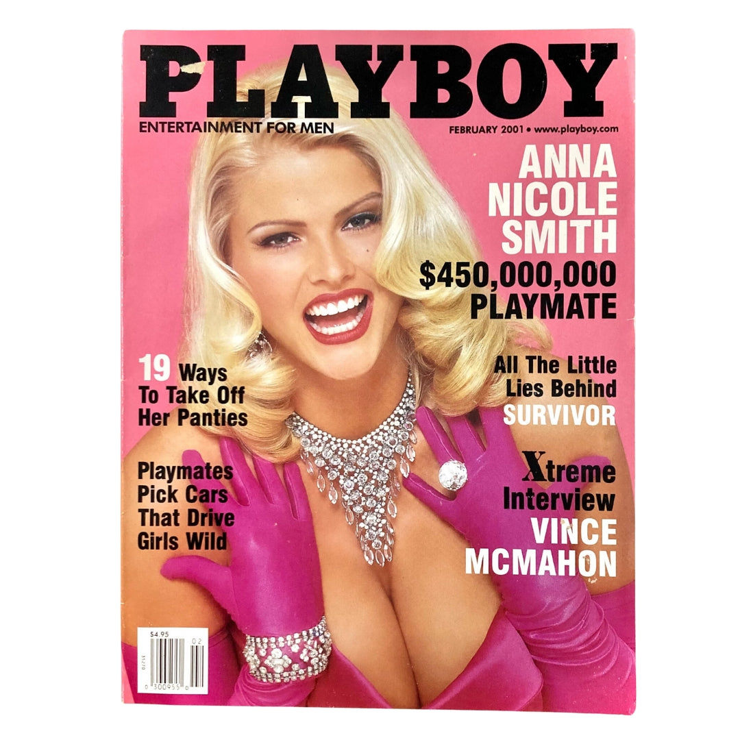 Cover of Playboy Magazine February 2001 featuring Anna Nicole Smith, showcasing her glamorous style and allure as a prominent playmate.