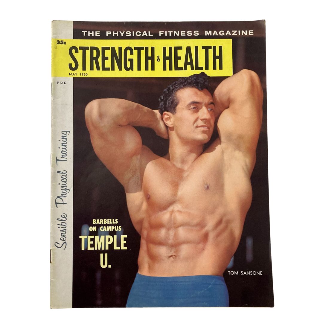 Cover of VTG Strength & Health Magazine May 1960 featuring Tom Sansone with an impressive physique, showcasing the magazine's focus on fitness and bodybuilding.