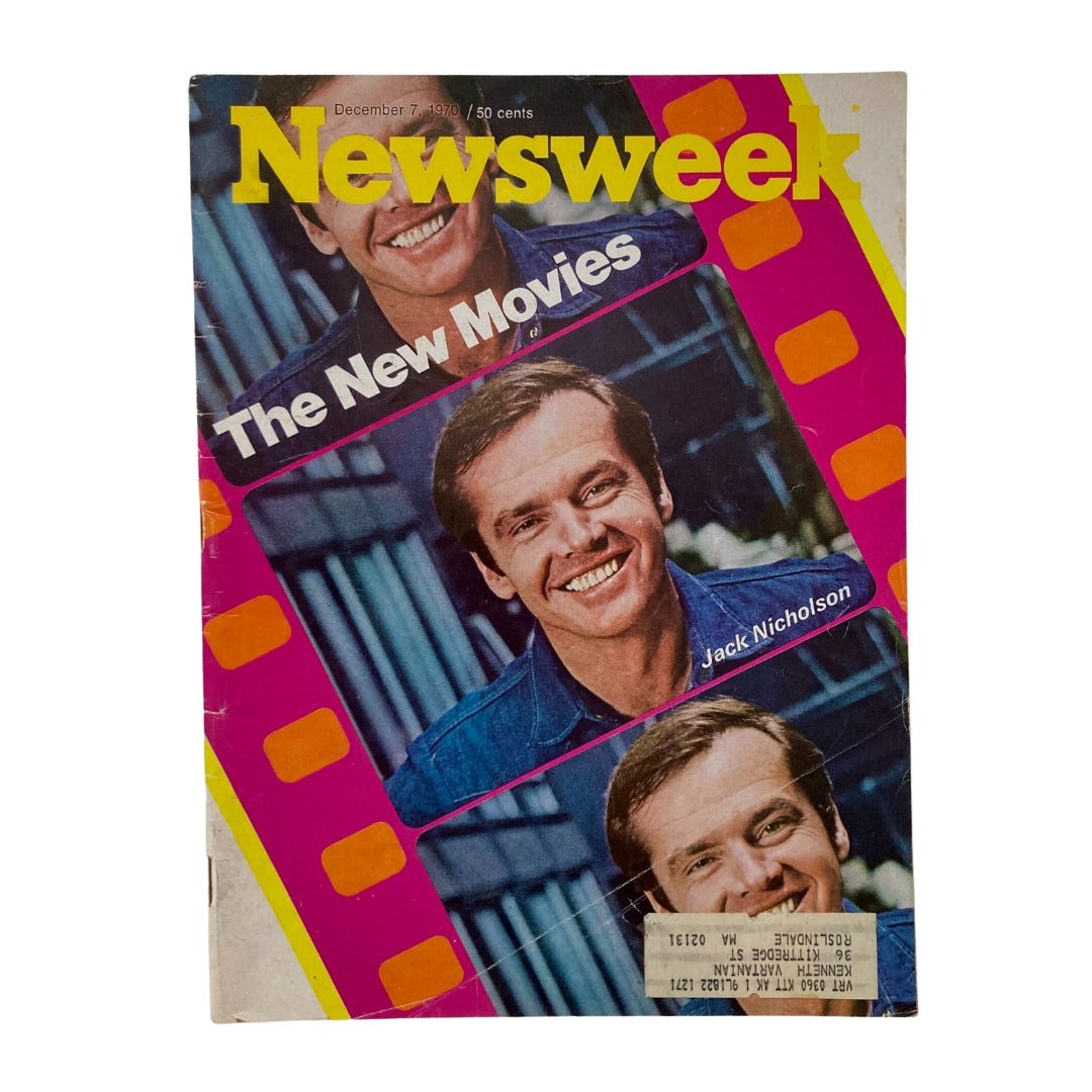 Cover of the VTG Newsweek Magazine from December 7, 1970 featuring Jack Nicholson, titled 'The New Movies'. The magazine showcases a colorful design with nostalgic visuals, highlighting the cinematic trends of the 1970s.