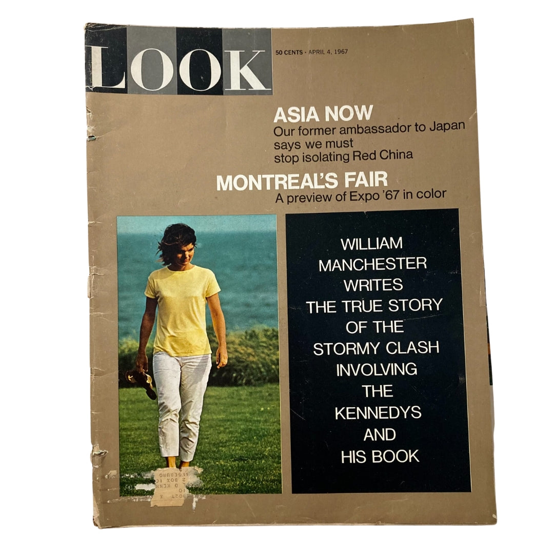 Vintage Look Magazine from April 4, 1967, featuring an iconic cover with Jacqueline Kennedy, captured by photographer Stanley Tretick, showcasing a blend of classic style and Americana.