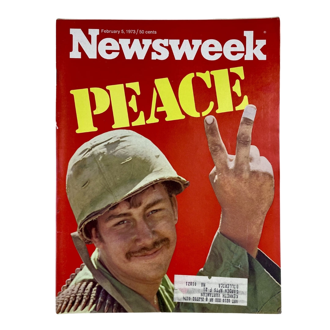 VTG Newsweek Magazine February 5 1973 featuring a soldier flashing a peace sign on the cover, symbolizing themes of peace and war in American life.