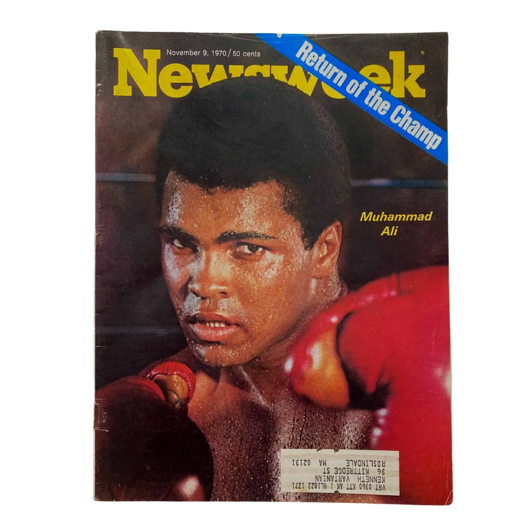 VTG Newsweek Magazine dated November 9, 1970 featuring Muhammad Ali on the cover titled 'Return of the Champ', showcasing the legendary boxer in a striking pose with boxing gloves.