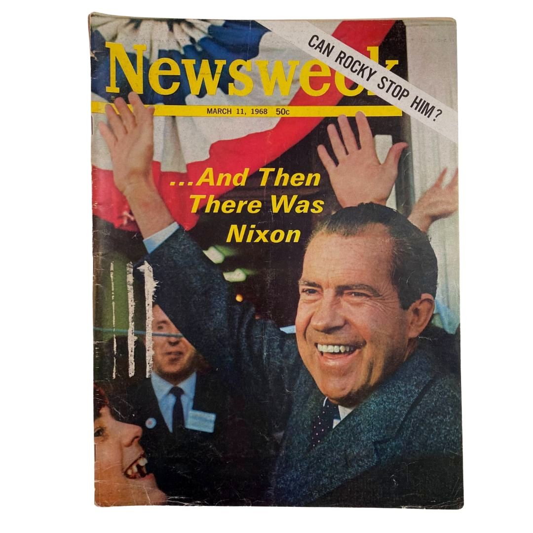 Vintage Newsweek magazine cover from March 11, 1968, featuring the title 'And Then There Was Nixon' with an image of Richard Nixon celebrating. A historical artifact capturing pivotal moments in American politics.
